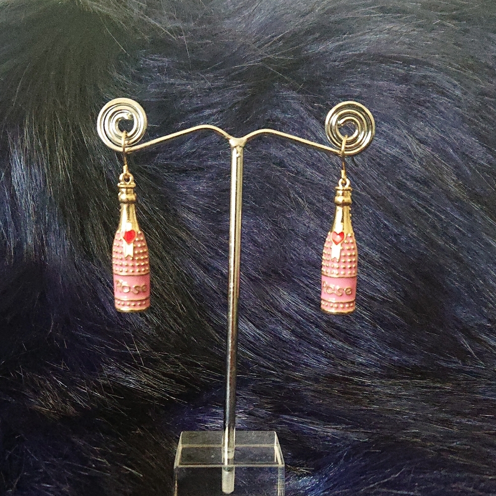 Elegant Pink Rose Champagne Bottle Earrings - Hearts